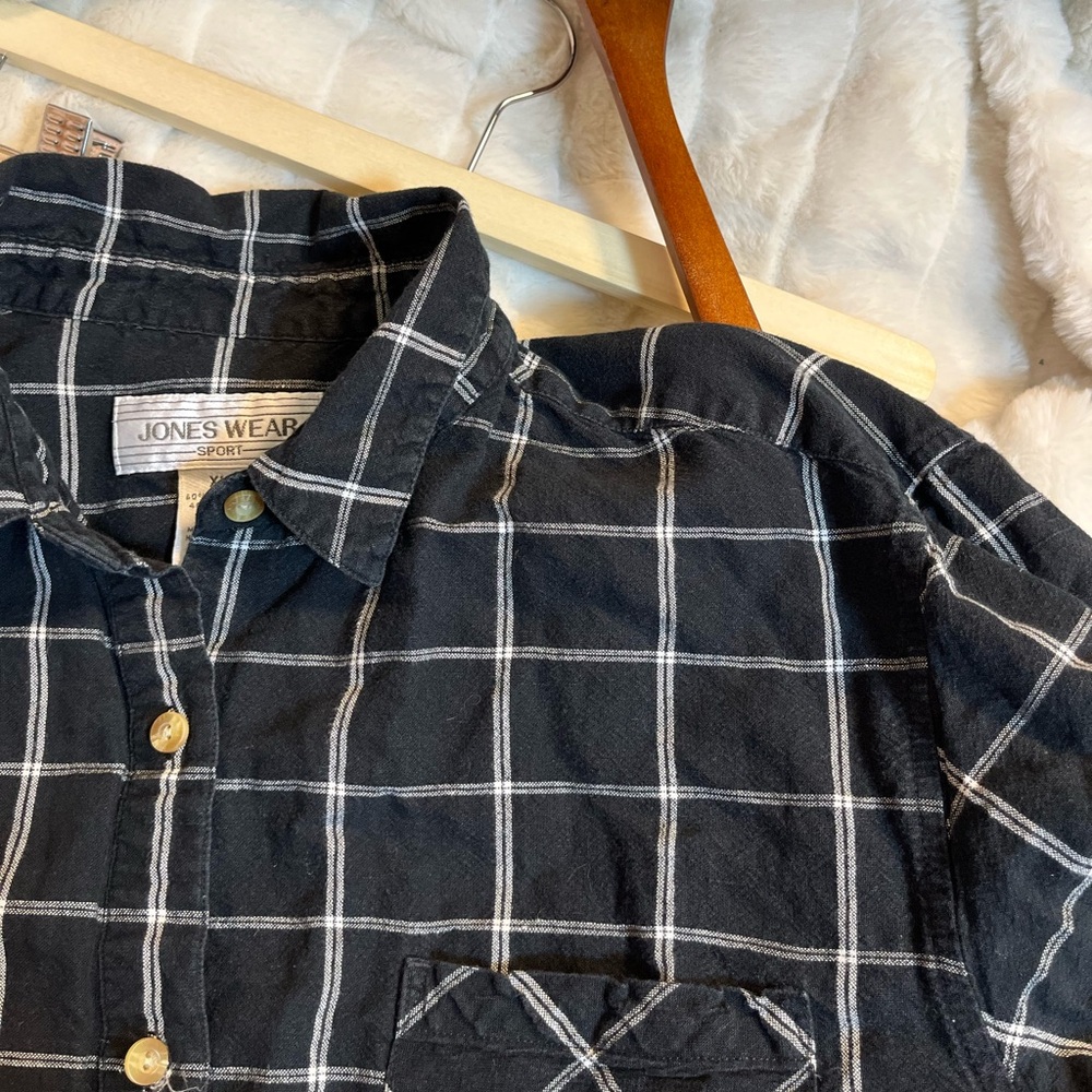 Y2K Jones Wear Sport XL Grunge Linen Blend Black White Plaid Button RollTab Top